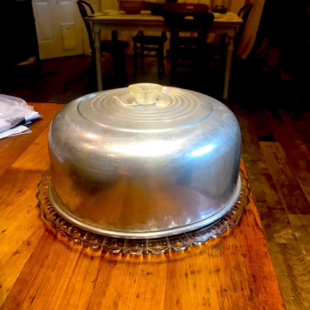 Vintage Aluminum Cake Dome with Glass Footed Plate